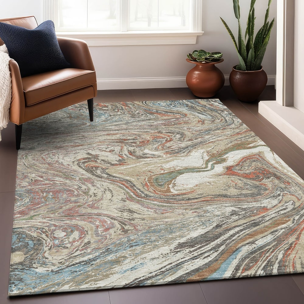Machine Washable Indoor/ Outdoor Abstract Brushstroke Chantille Rug