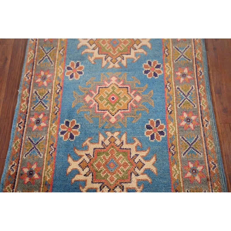 Blue Geometric Kazak Foyer Rug Hand-Knotted Oriental Wool Carpet - 2'0" x 3'1"