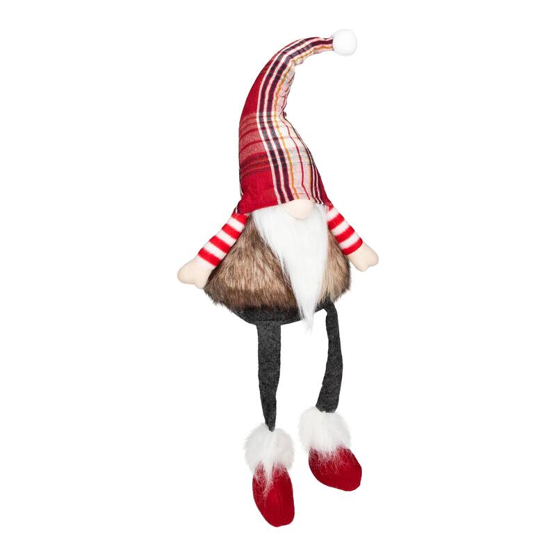 Plaid Gnome with Dangling Legs Christmas Figure - 20.5" - Red, Gray and White