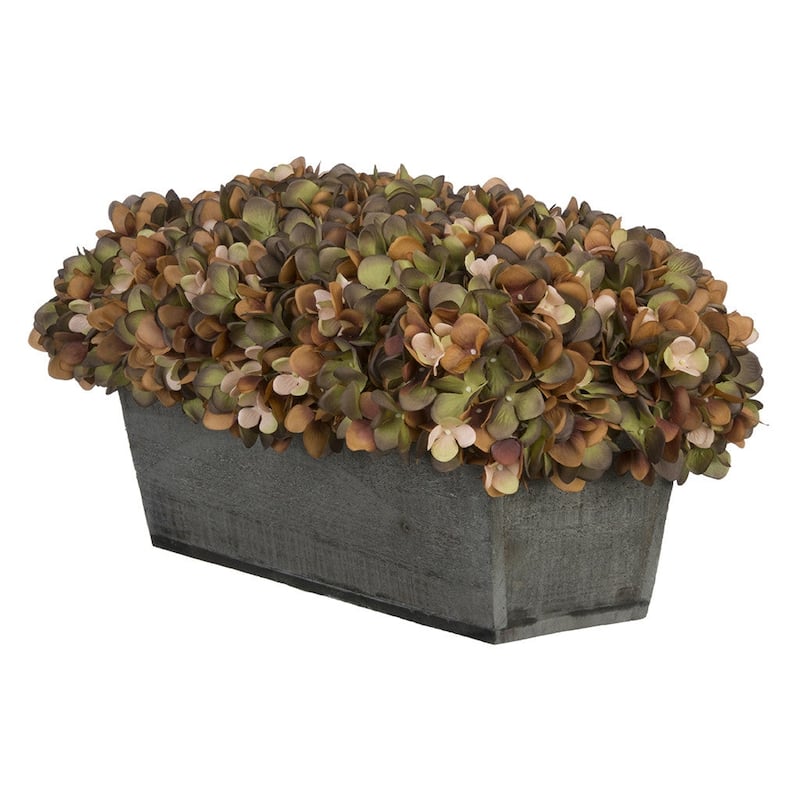 Faux Hydrangeas in Grey Wood Washed Ledge Planter