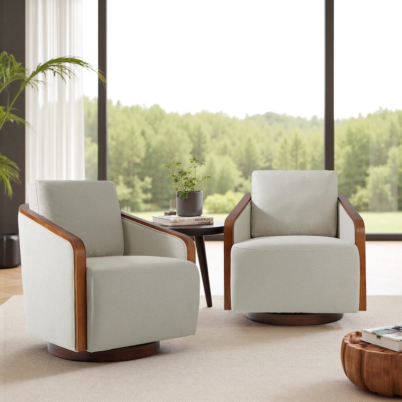 Set of 2 Modern Swivel Accent Barrel Chairs with Wood Arms