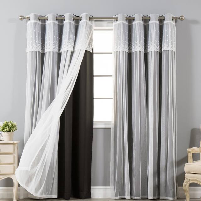 Aurora Home Attached Valance Sheer and Blackout 4-piece Panel Pair - 52"W x 96"L - Black