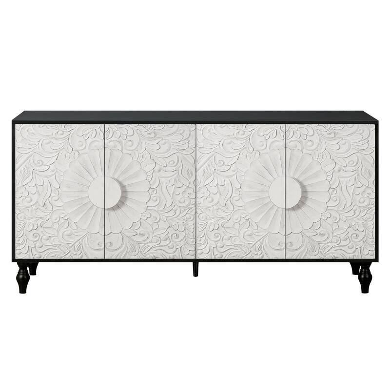 Carved Doors Storage Cabinet Buffet Sideboard Console Table, Black White