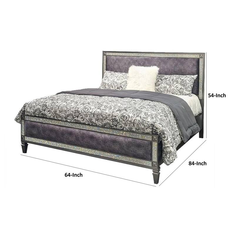 Laine Queen Bed, Glam Crystal Acrylic Trim, Gray Fabric Upholstered