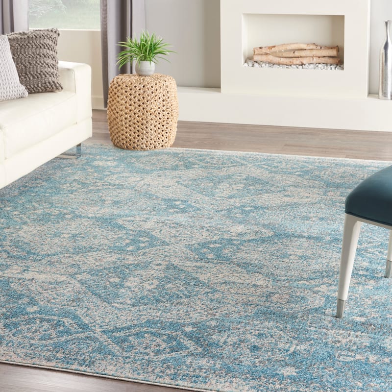 Nourison Tranquil Vintage French Country Contemporary Geometric Area Rug - 8' x 10' - Lt.Blue/Ivory - Runner/Rectangle