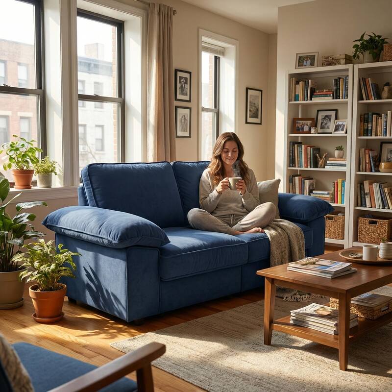 Roomfitters Modern Overstuffed Upholstered Sofa with Hidden Storage and Padded Arms, Comfy Loveseat for Small Space