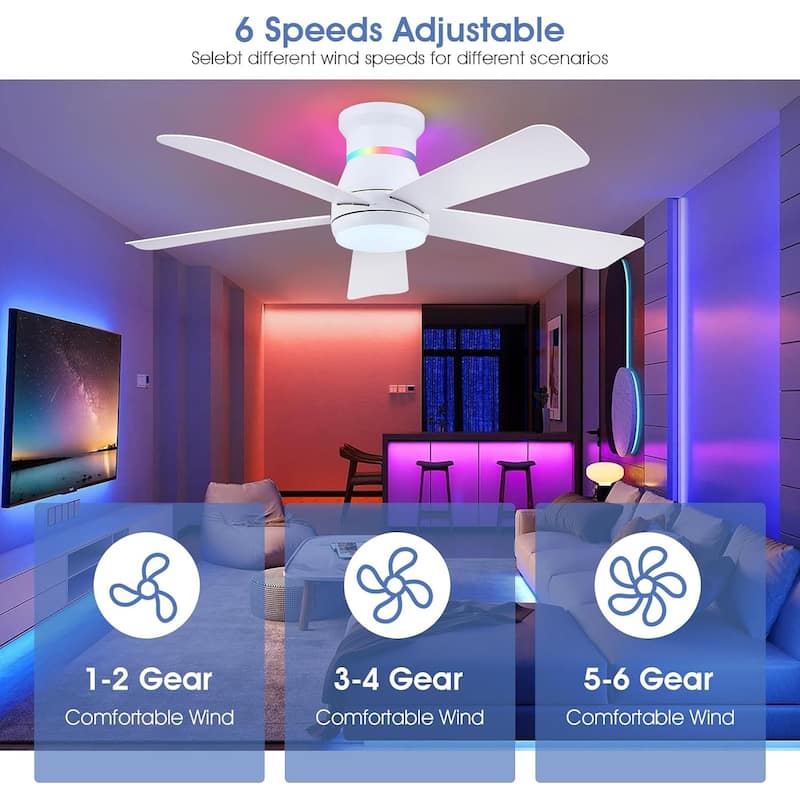52 Inches RGB Flush Mount Ceiling Fan with Light and Remote,DC Motor,for Living Room Bedroom - 52 Inches