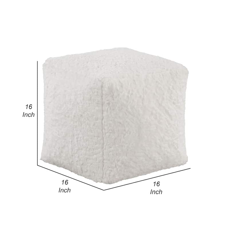 Modern Pouf Ottoman, Plush Off White Faux Fur Texture, 16 Inch Square