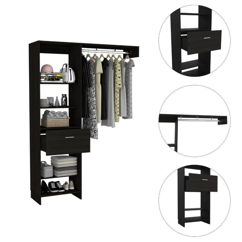 Closet System, Metal Rod, Five Open Shelves, One Drawer