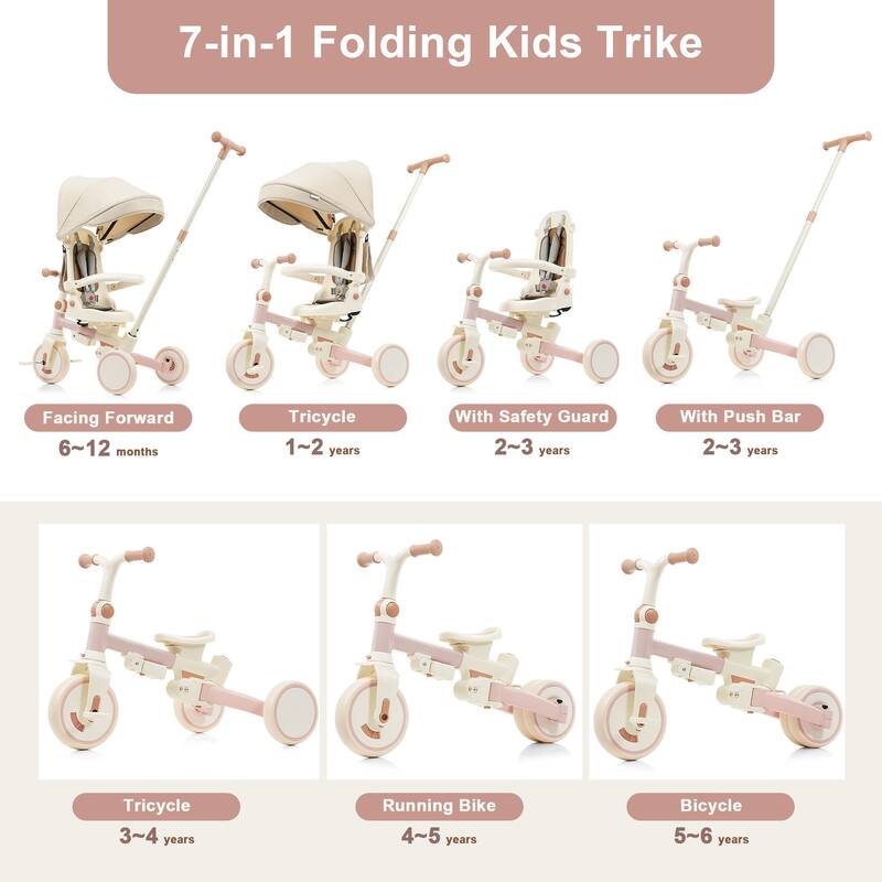 7 In 1 Baby Tricycle, Foldable Toddler Tricycle With Removable And Adjustable Parent Handle,For 12-72 Months