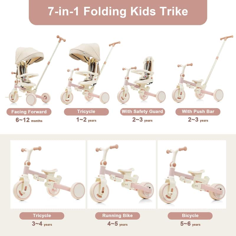 7-in-1 Baby Tricycle for Toddlers Ages 1-6, Foldable Push Trike with Parent Handle, Canopy, Guardrail & Pedals