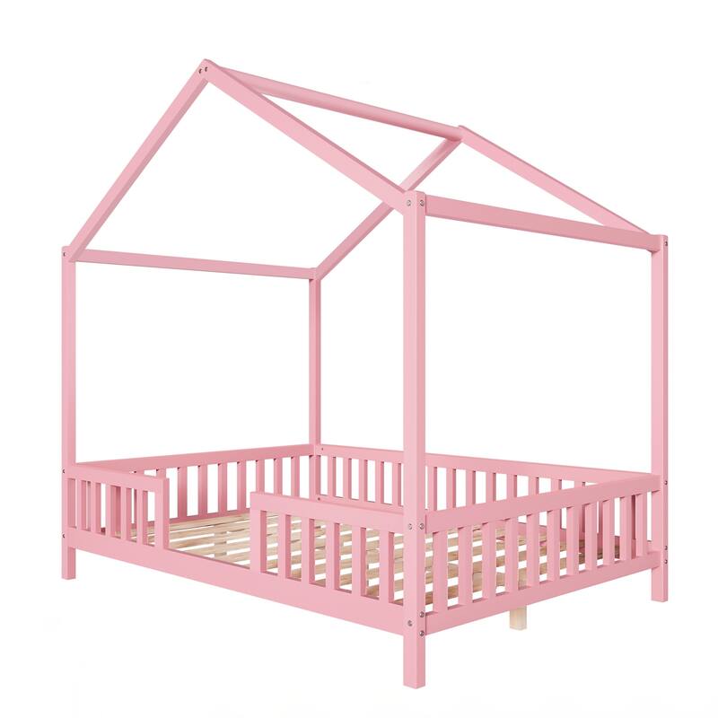 Montessori Floor Bed with Canopy, Full Bed Frame for Kids, House Shape Toddler Bed Frame with High Railings