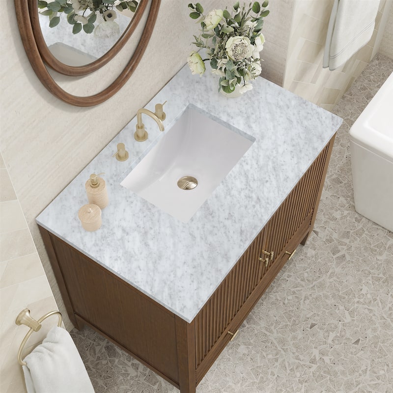 James Martin Vanities Myrrin 36" Vanity, Mid Century Walnut - Carrara White