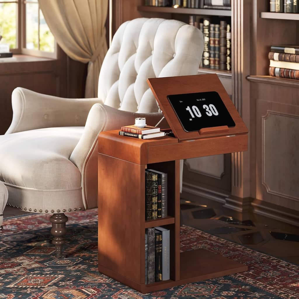 Vintage C-Shaped End Table with Adjustable Top for Living Room