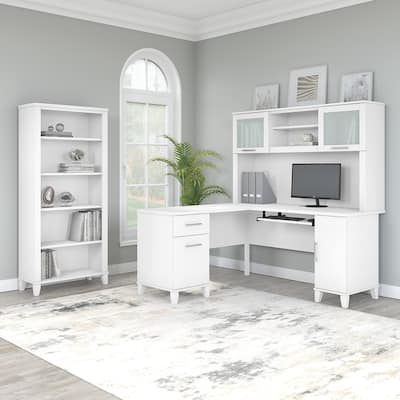 Somerset 60W L Shaped Desk with Hutch and 5 Shelf Bookcase in Ash Gray