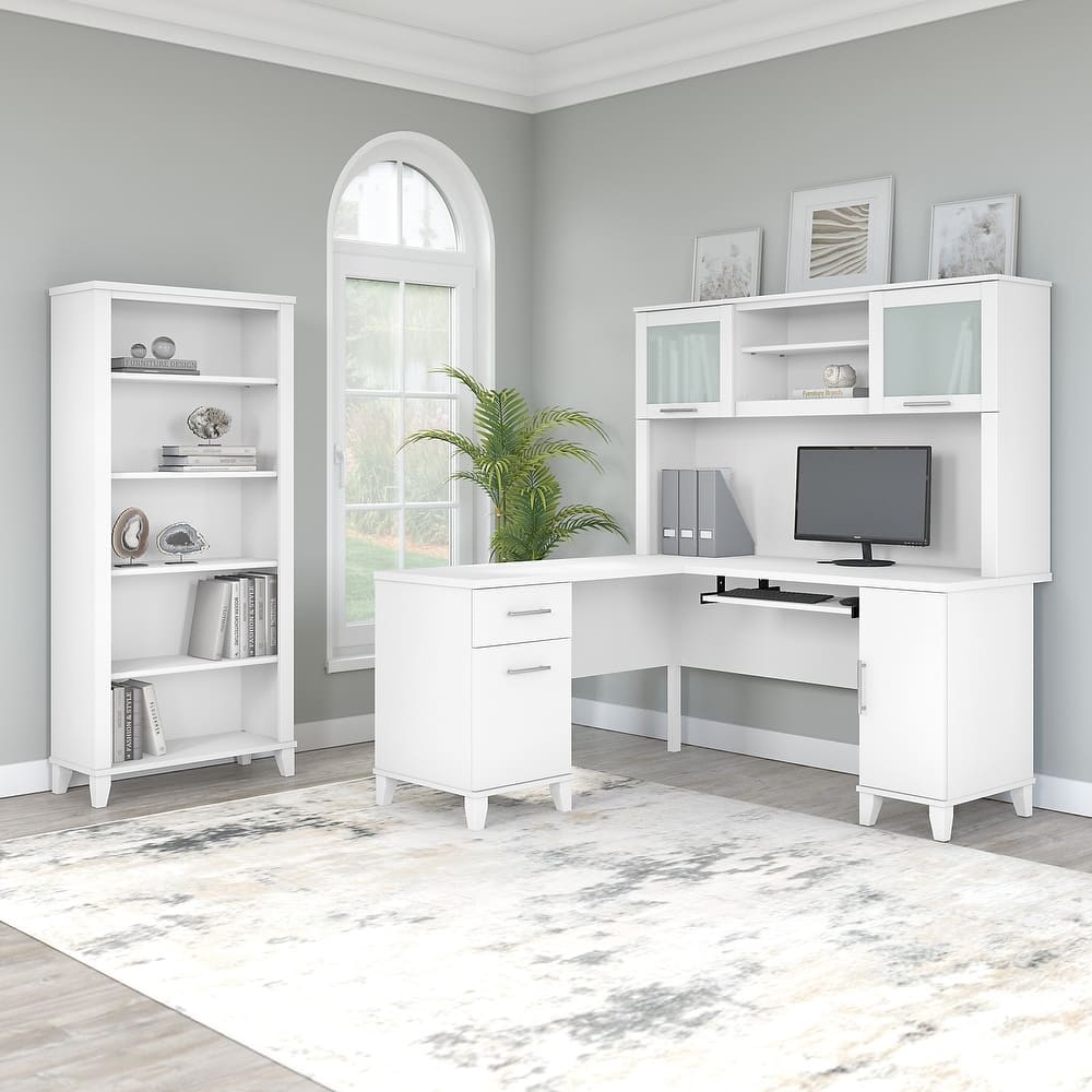 Somerset 60W L Shaped Desk with Hutch and 5 Shelf Bookcase in Ash Gray