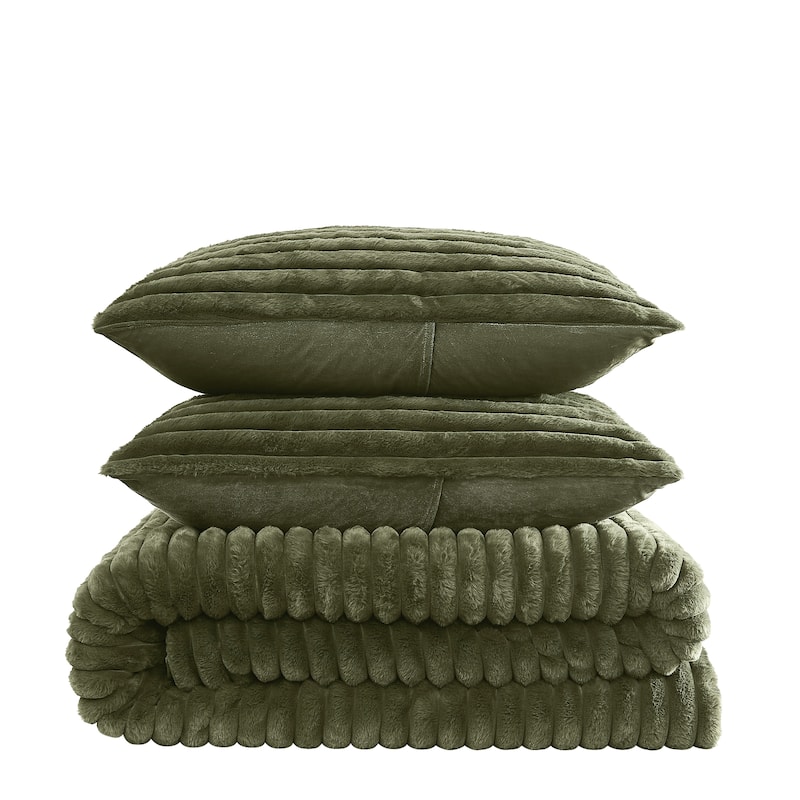 Frye Channel Faux Fur 3 Piece Comforter Set - King - Green
