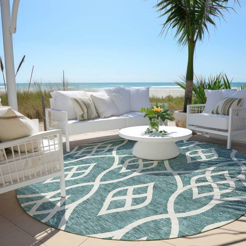 Machine Washable Indoor/ Outdoor Chantille Trellis Modern Rug - Teal - 8' x 8'