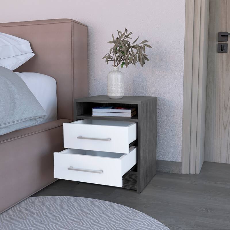 19.9" Light Gray Nightstand with 2 Drawers and Open Shelf, Smooth Metal Hardware