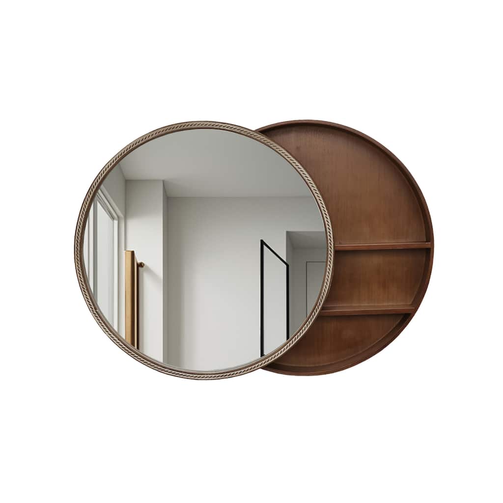23.62" Sliding Round Wall Mirror with Storage Shelves - Natural Wood