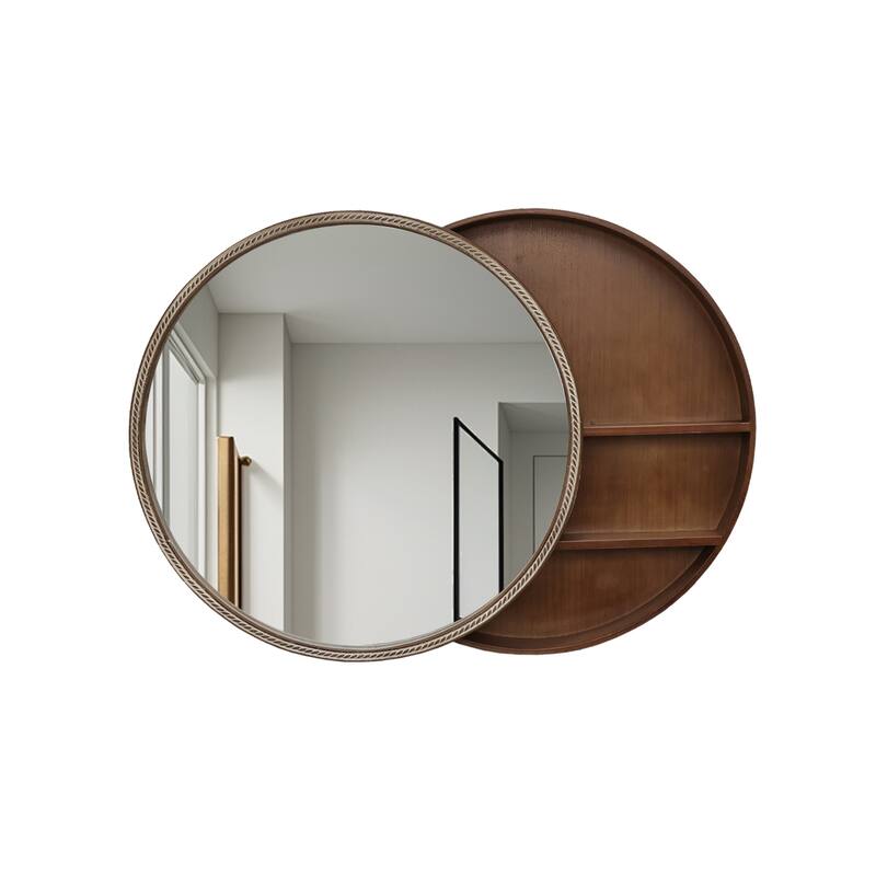 23.62" Sliding Round Wall Mirror with Storage Shelves - Natural Wood - Natural Wood