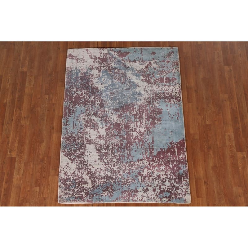 Modern Indian Abstract Rug Hand-Knotted Wool Carpet - 4'0"x 5'9"