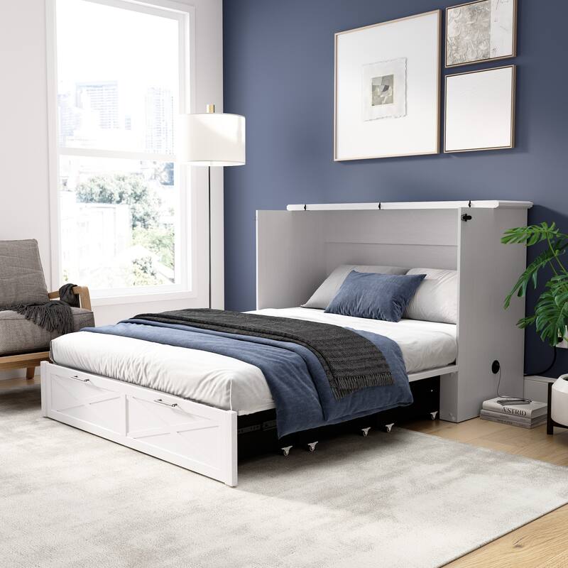 Bestar Key West 59W Full Murphy Cabinet Bed with Drawer and Mattress - Pure White Oak