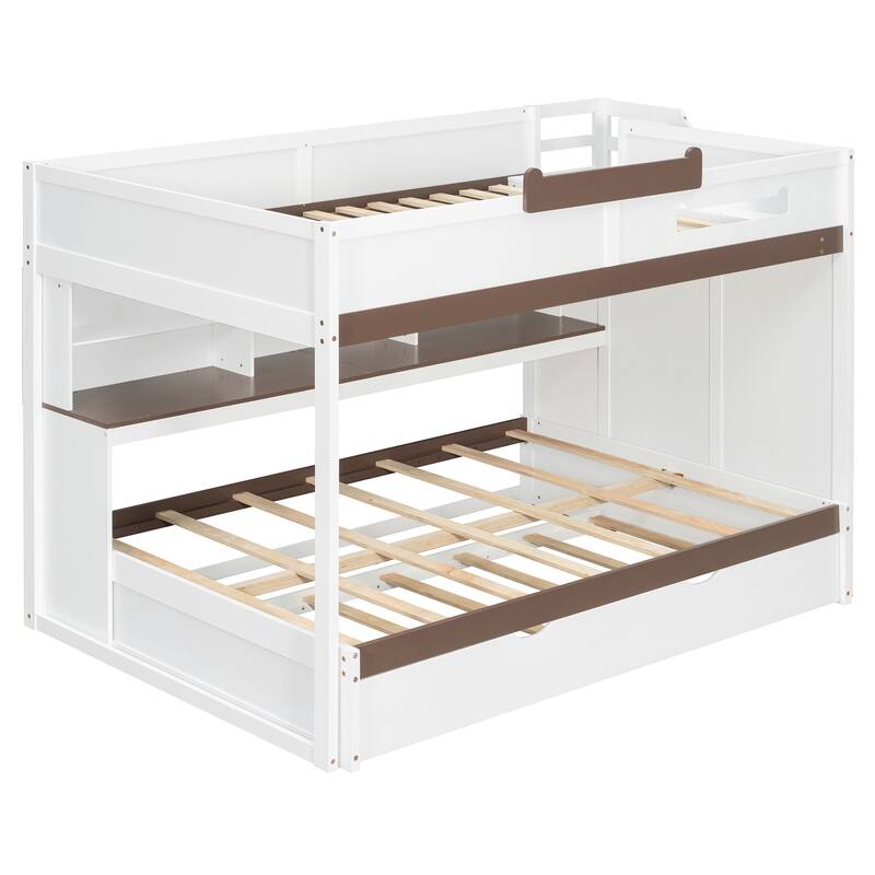 Full Over Full Bunk Bed with Twin Trundle, Staircase, Kids Loft Bed with Storage, LED Lighting, Space-Saving Wood Bed Frame