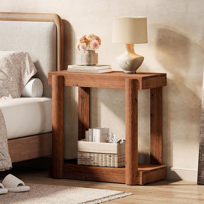 Solid Wood End Table, Modern Farmhouse Side Table with 2-Tier Storage Shelf - 25.6" L × 11.8" W × 25.6" H
