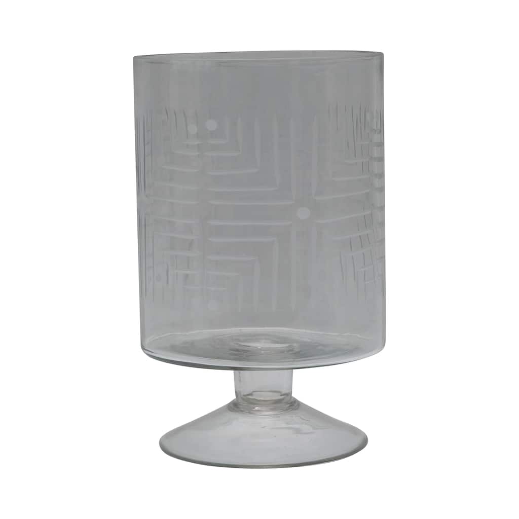 Glass Footed Hurricane Flower Vase with Etched Pattern