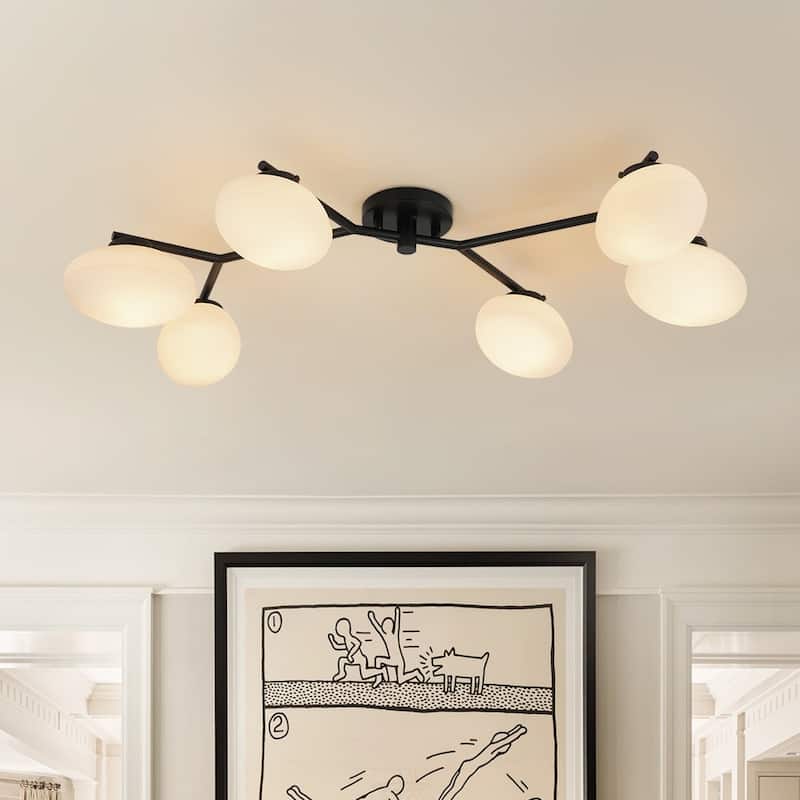 Modern 6-Light Opal Glass Globe Branch Sputnik Ceiling Light - Black