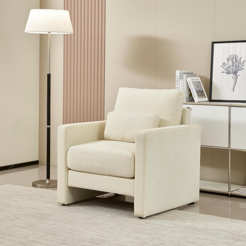 Beige 31.49" Chenille Arm Chair with Wood Frame - Beige