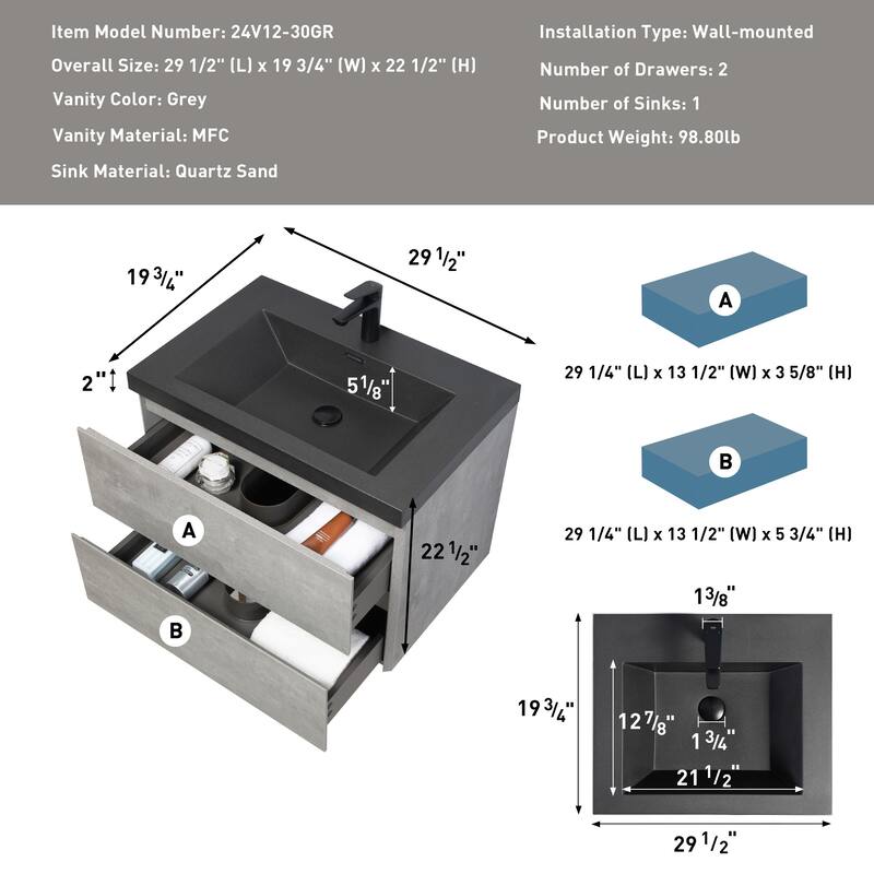 24/30/36/48/60 inch Melamine Floating Bathroom Vanity with Sink and Black Quartz Sand Top Basin and Soft Close Drawers