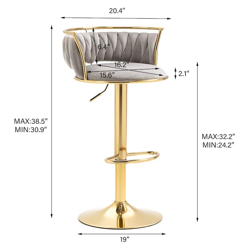 Velvet Upholstered Adjustable Bar Stool Swivel Counter Chair Set of 2