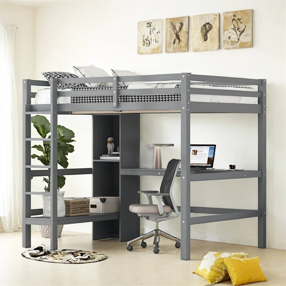 Full Size Loft Bed with Multifunction Shelves and Under-bed Desk