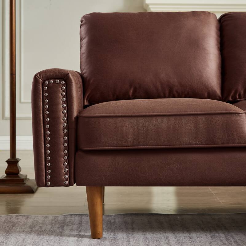 82.2"L-Shape Sofa Couch with Chais Mid-Century Copper Nail on Arms,strong wooden leg and suede fabric design Right Chaise