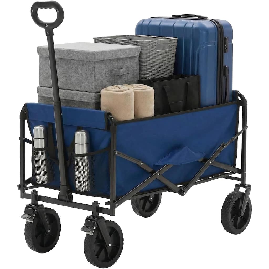 Collapsible Folding Wagon, Wagon Cart Foldable with Two Drink Holders, Utility Grocery Wagon for Camping Shopping Sports