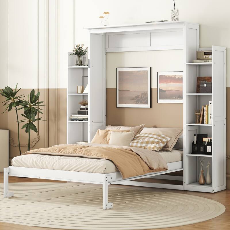 Space-Saving Wall Bed with Shelves, LED Lights, and Mattress Holder, White