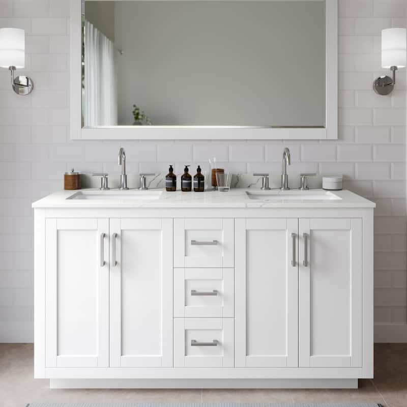 Wyndham Collection WCF292960D-QTZ-US3MXX Miranda 60" Free Standing - White / Giotto Quartz Top / Brushed Nickel