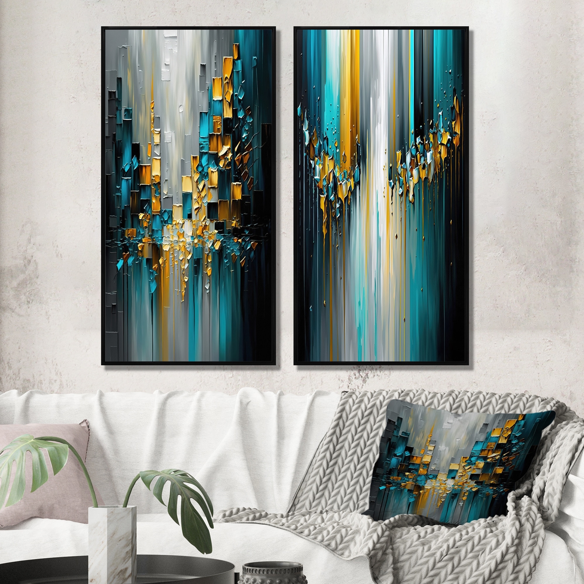 Designart "Abstract Geometric Black And Green III" Abstract Geometric Framed Wall Art Set Of 2 - Wall Set For Home Decor