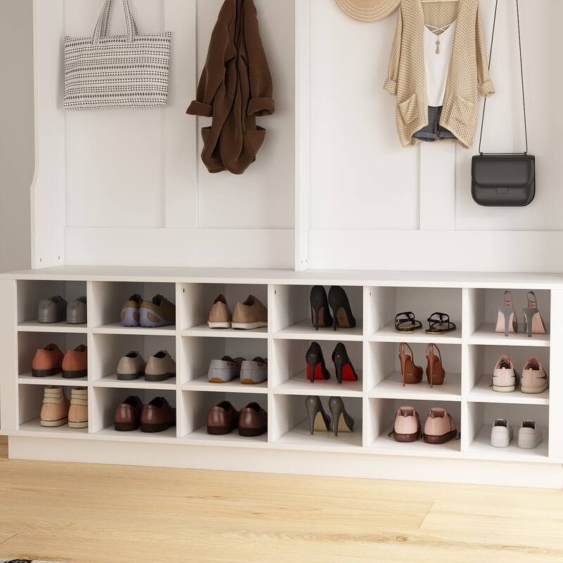 63"W 18 Shoe Cubbies Shoe Bench Shoe Cabinet Wide Hall Tree With Hooks