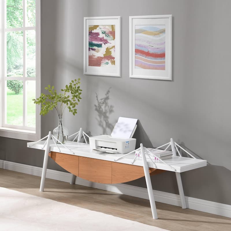 Modern TV Stand with Sailboat-Inspired, Wood Entertainment Console Table Storage Table with Drawer and Metal Frame - White