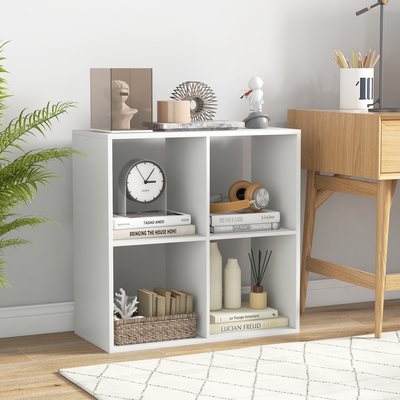 White 4 Cube Opne Back Bookshelf with Back Guardrail for Living