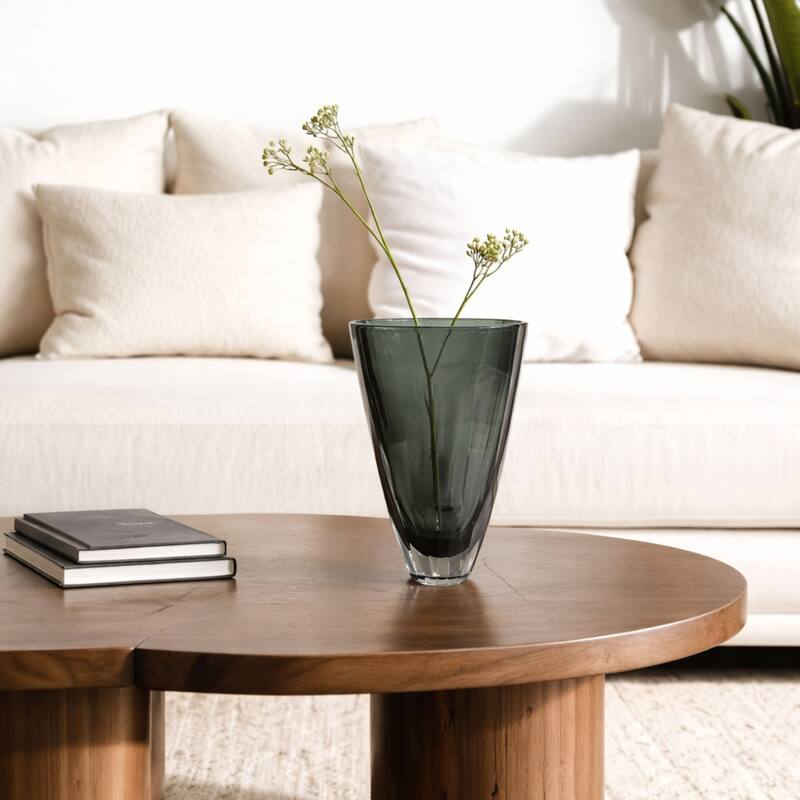 Large Fancy Cut Smoky Gray Glass Vase Modern Decorative Accent