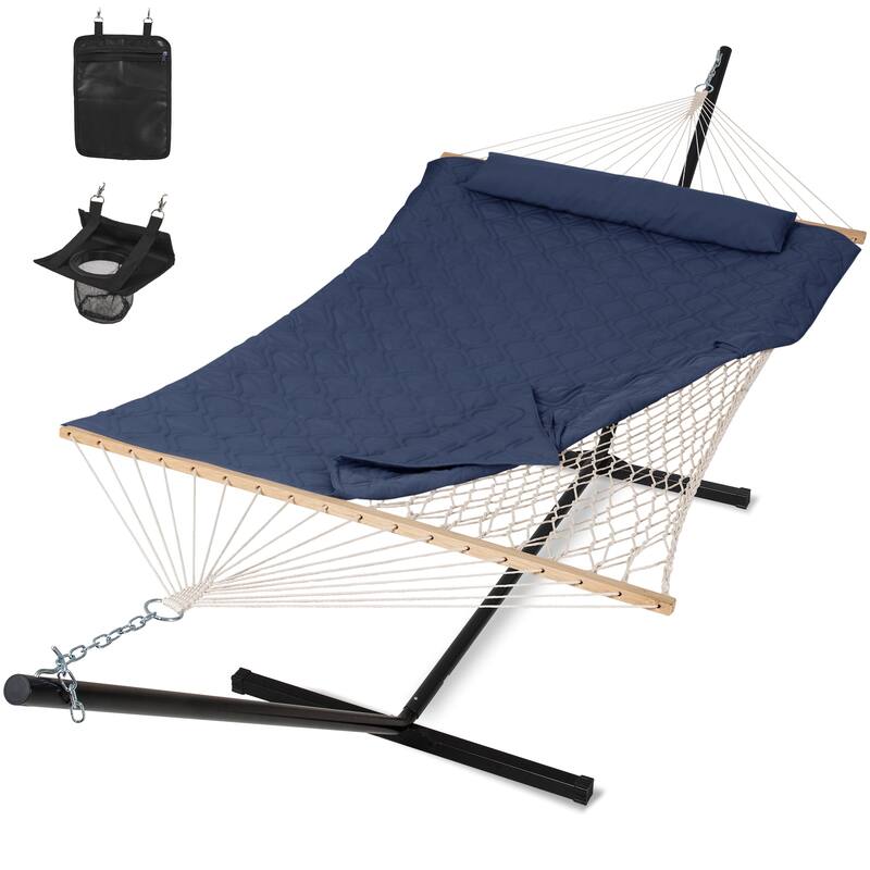 Rope Hammock with Detachable Pillow and Pad, 12FT Steel Stand Included - Navy Drops