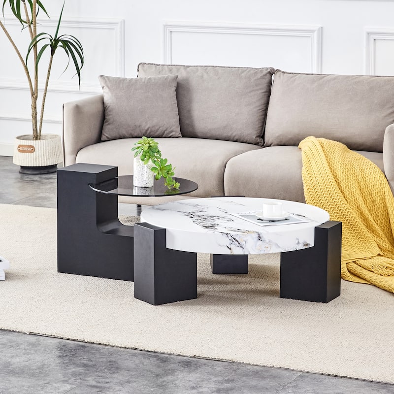 Modern Round Coffee Table with MDF L-Shaped Legs and Double-Layer Design for Living Room