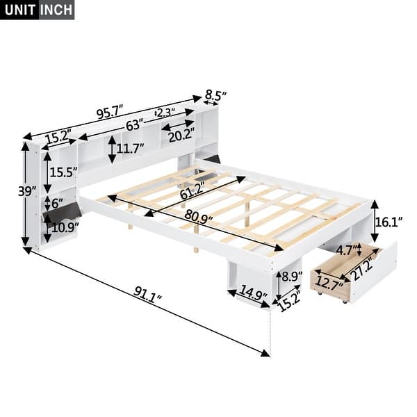 dimension image slide 0 of 2, Queen Size Platform Bed with Drawer and Multi-Storage Headboard, Wooden Bed Frame with Cabinet, No Box Spring Required, Grey