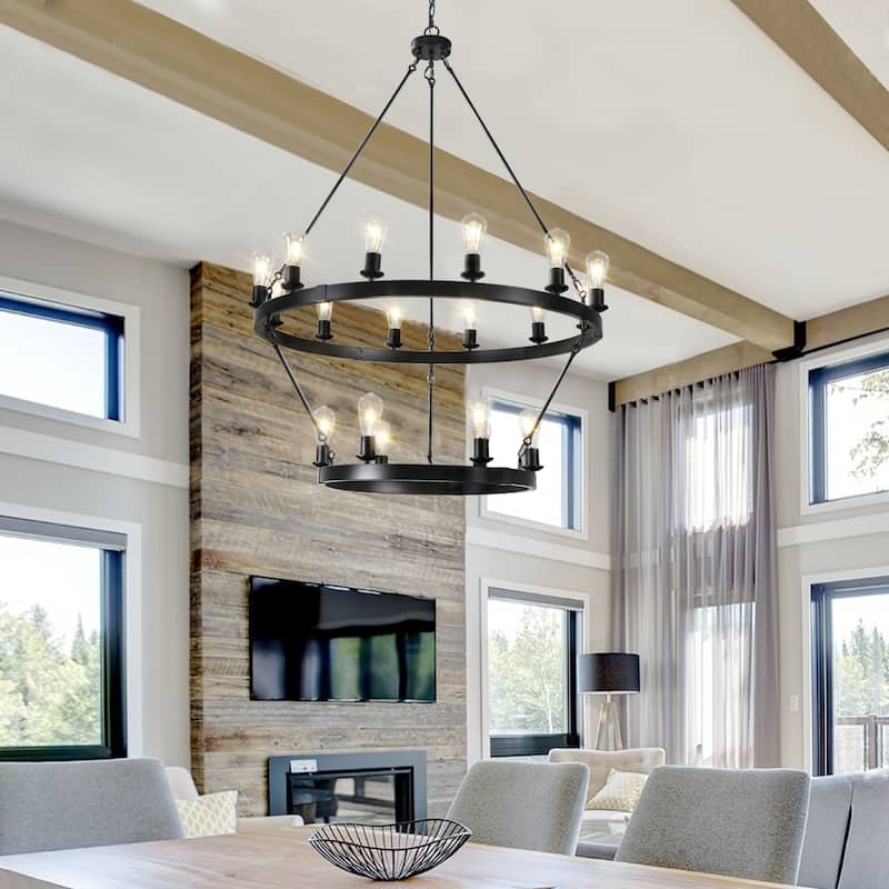 Modern 18-Light 2-Tier Large Wheel Black Chandelier Light Fixture