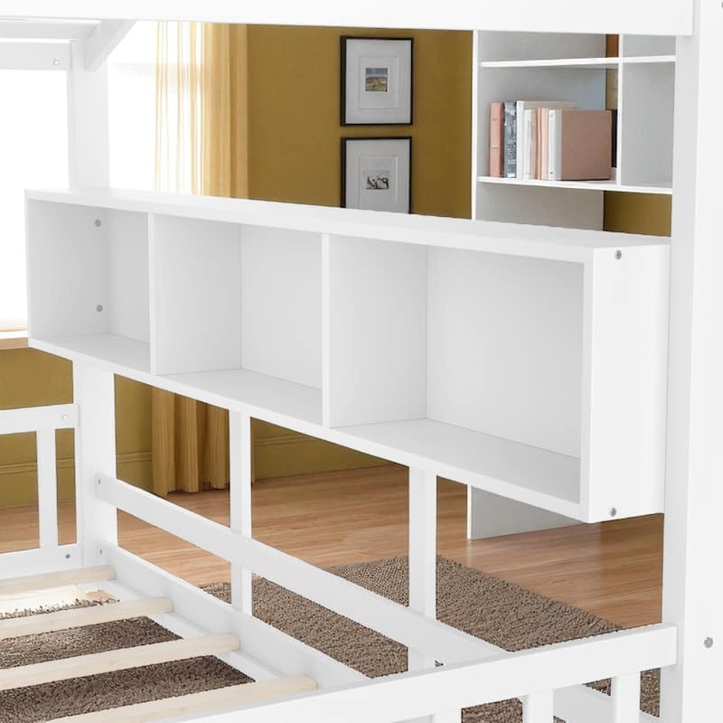 Twin/Full Montessori House Floor Bed with Roof, Storage Shelf, Low Profile Kids Bed, 6 in Mattress, 350/550 lb Capacity