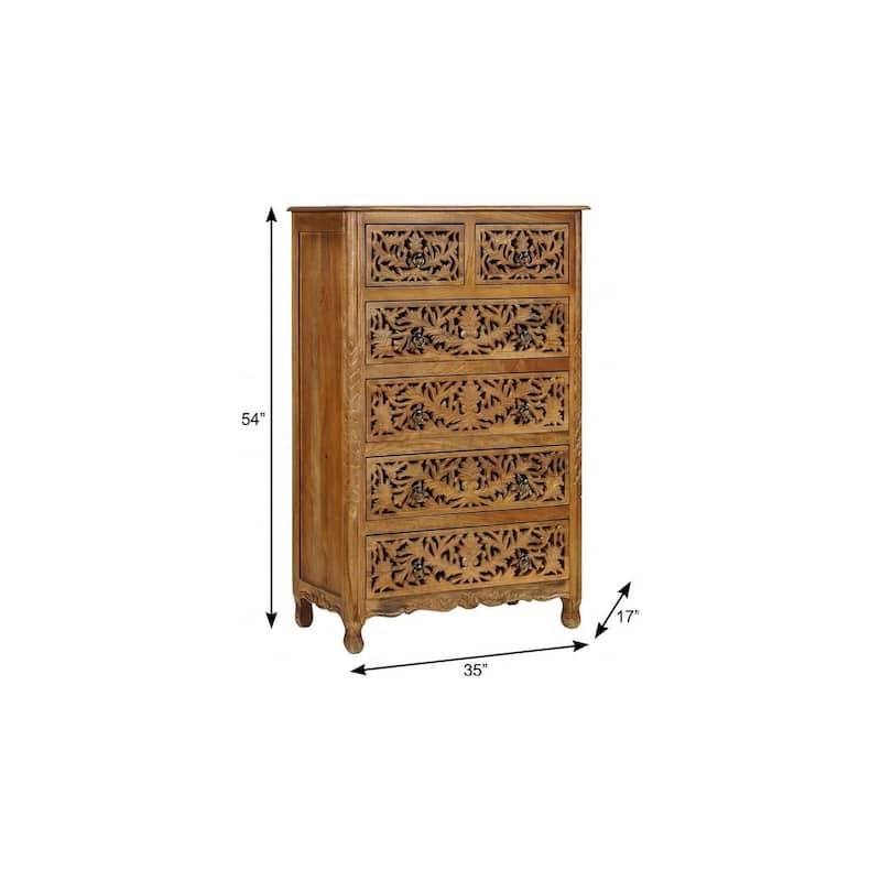 HomeRoots 35" Brown Carved Floral Solid Wood Six Drawer Dresser